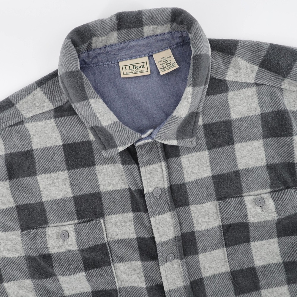 LL Bean Buffalo Plaid Fleece Flannel Soft Shirt Grey Long Sleeve Mens XL Tall